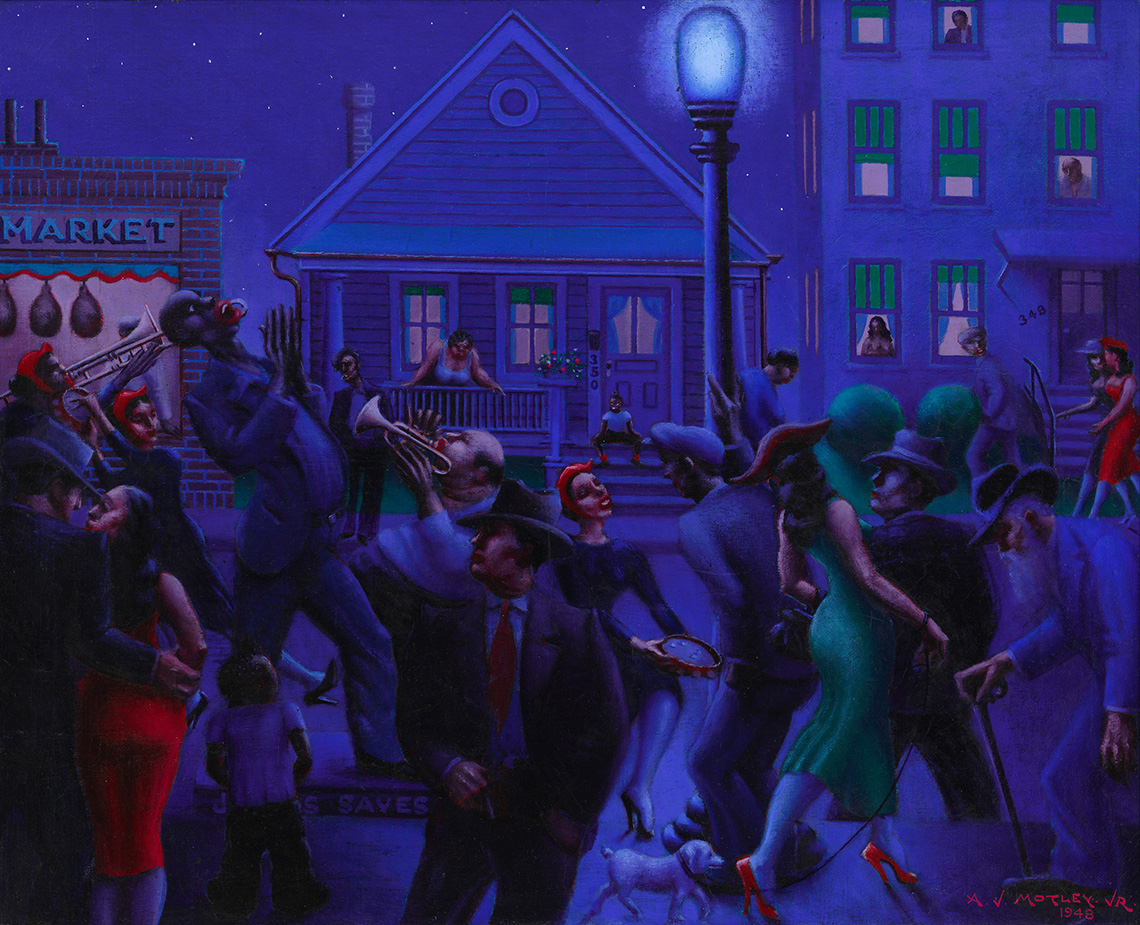 Archibald John Motley, Jr., Gettin' Religion, 1948. Oil on linen, 32 × 39 7/16 in. (81.3 × 100.2 cm). Whitney Museum of American Art, New York; purchase Josephine N. Hopper Bequest, by exchange 2016.15. © Valerie Gerrard Browne